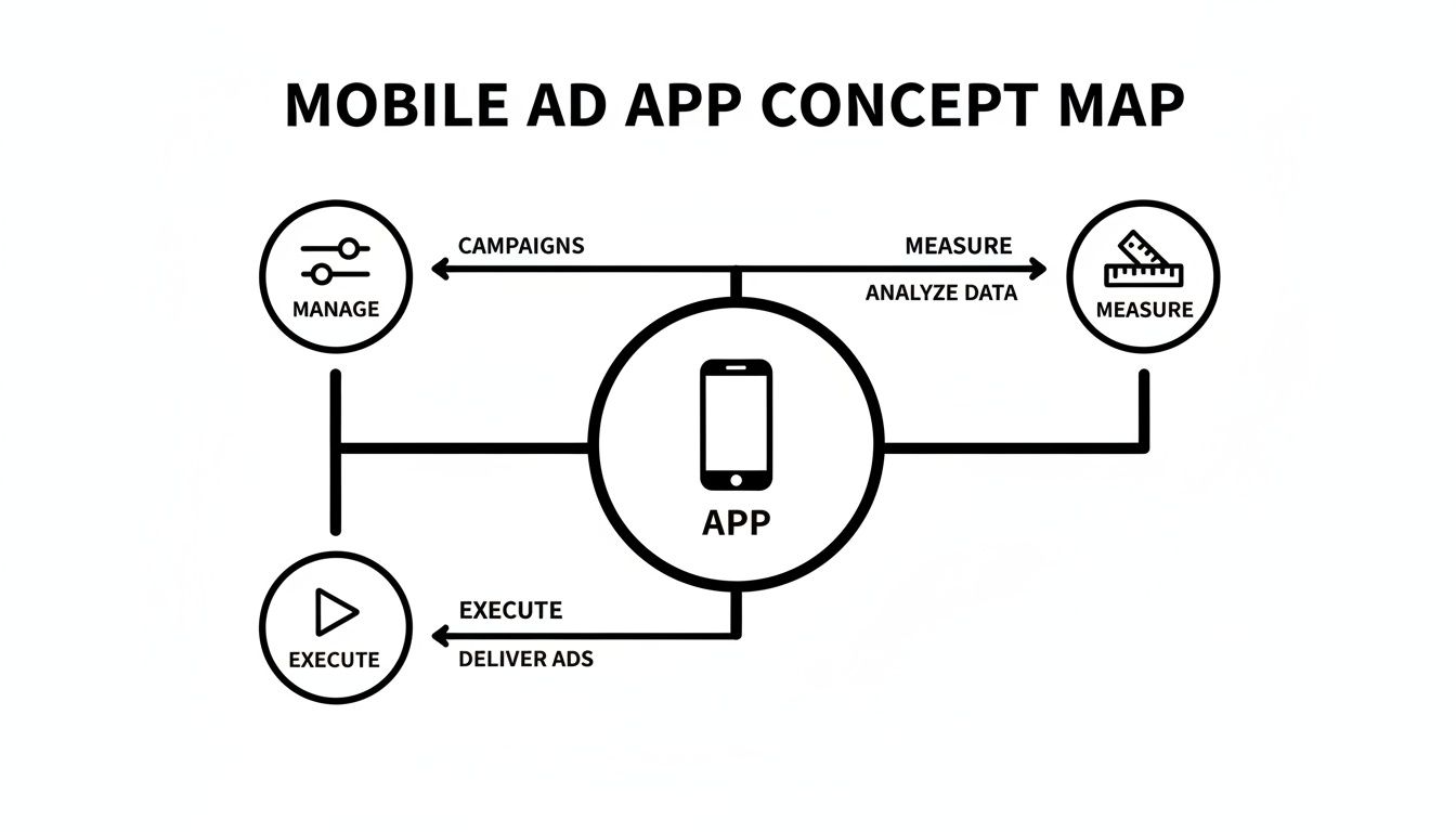Concept map showing the mobile ad app process, including manage campaigns, deliver ads, and measure data.