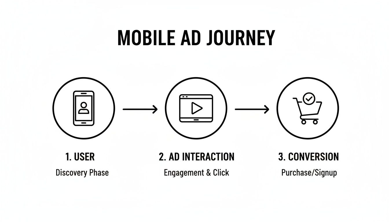 Infographic showing the mobile ad journey from user discovery and interaction to conversion.