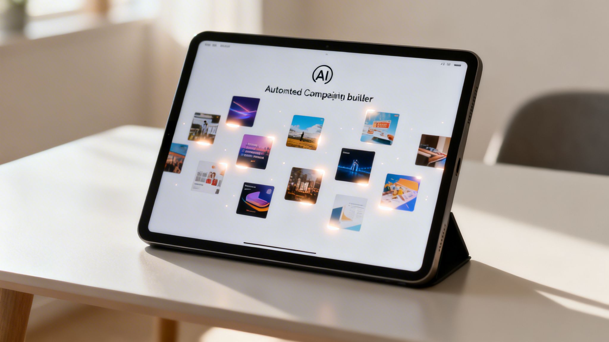A tablet displaying an AI-powered automated campaign builder interface with numerous image thumbnails.