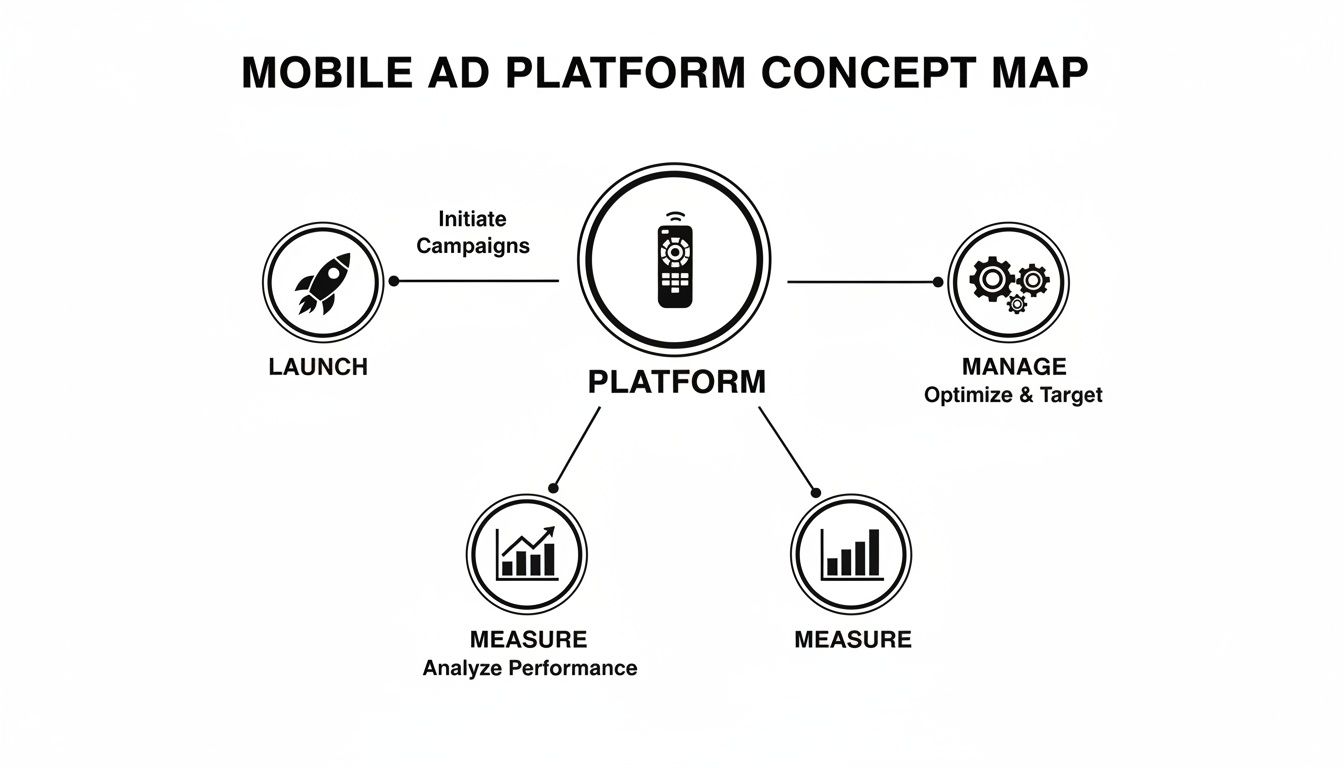 A concept map illustrating the lifecycle of a mobile ad platform with launch, manage, and measure stages.
