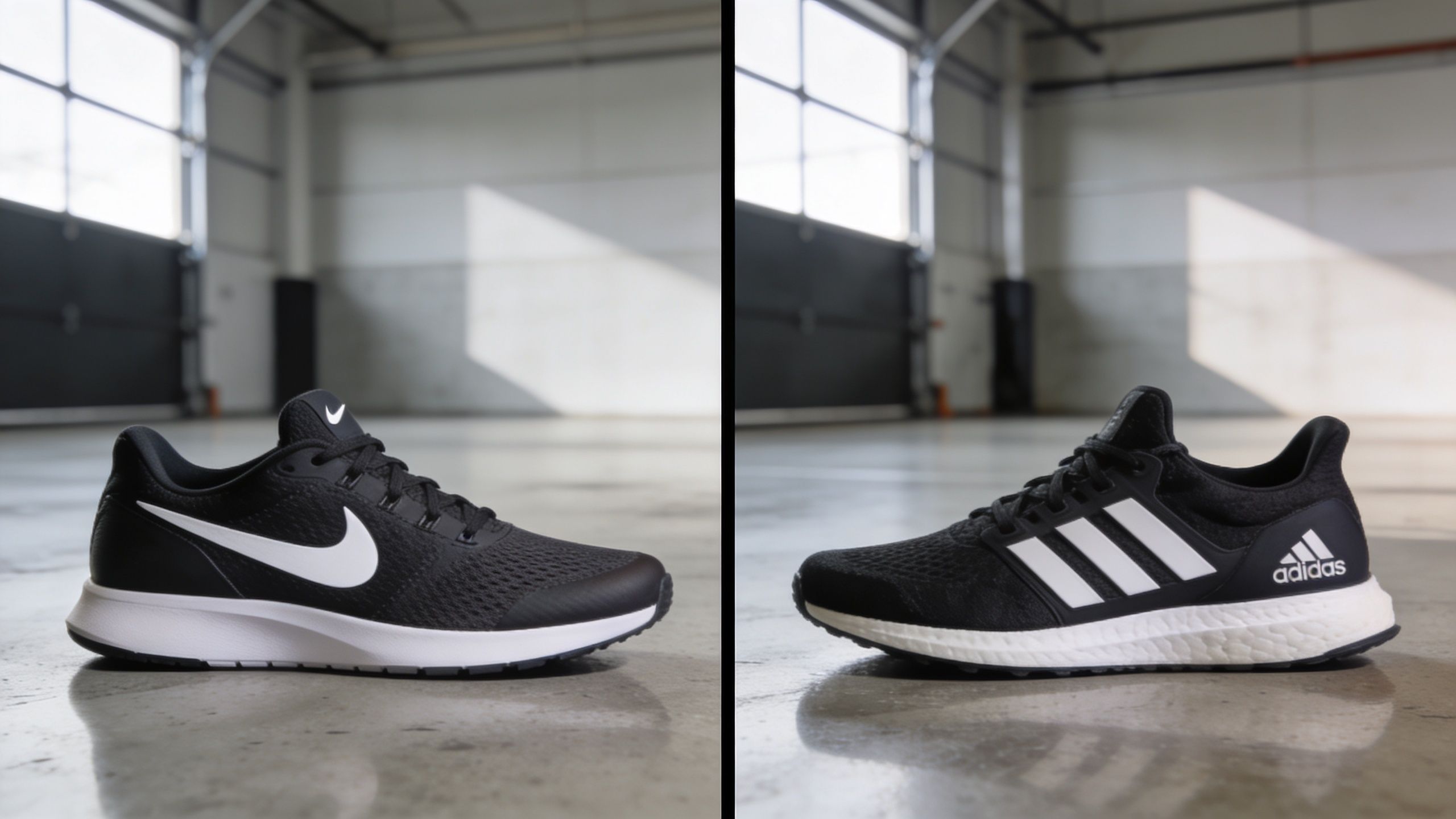 A side-by-side comparison featuring a black Nike running shoe and a black Adidas running shoe indoors.