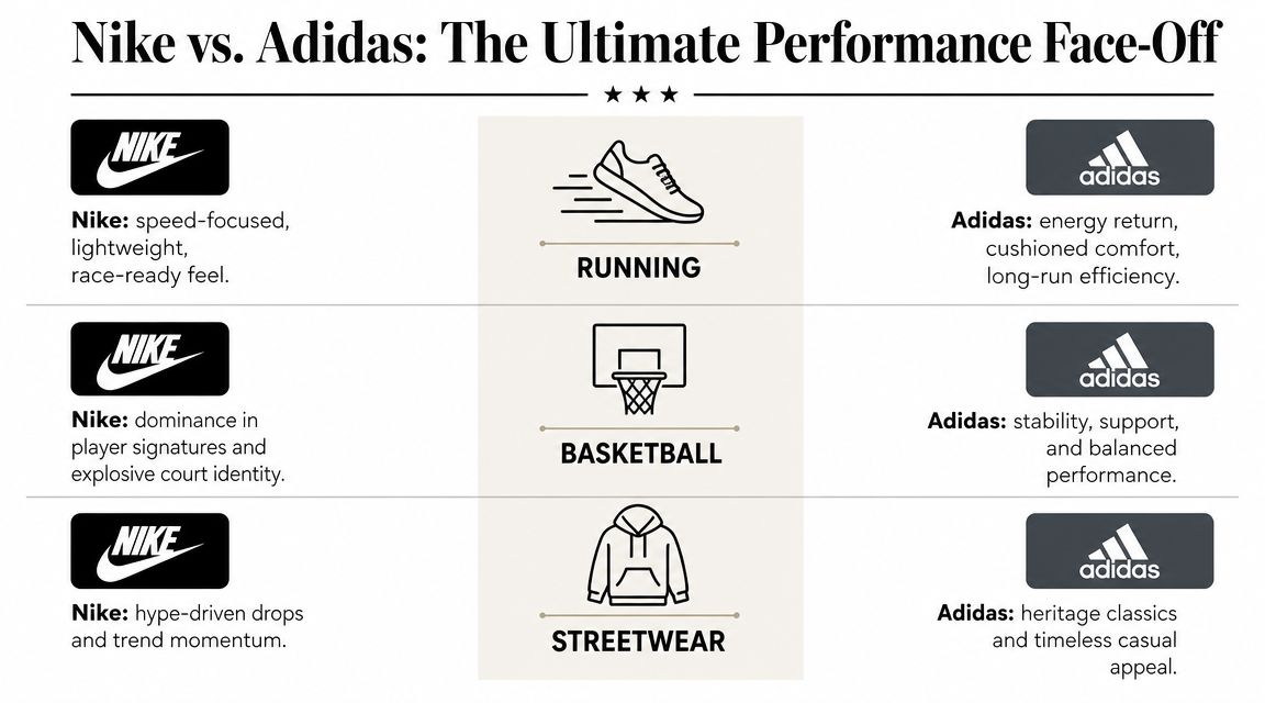 A comparison infographic between Nike and Adidas focusing on performance differences in running, basketball, and streetwear categories.