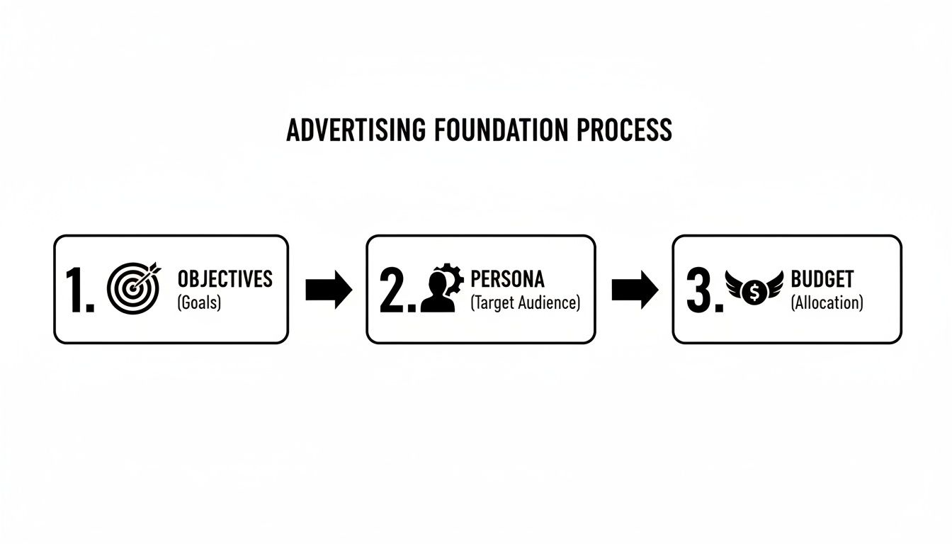 A diagram illustrating the three foundational steps for advertising: objectives, persona, and budget allocation.