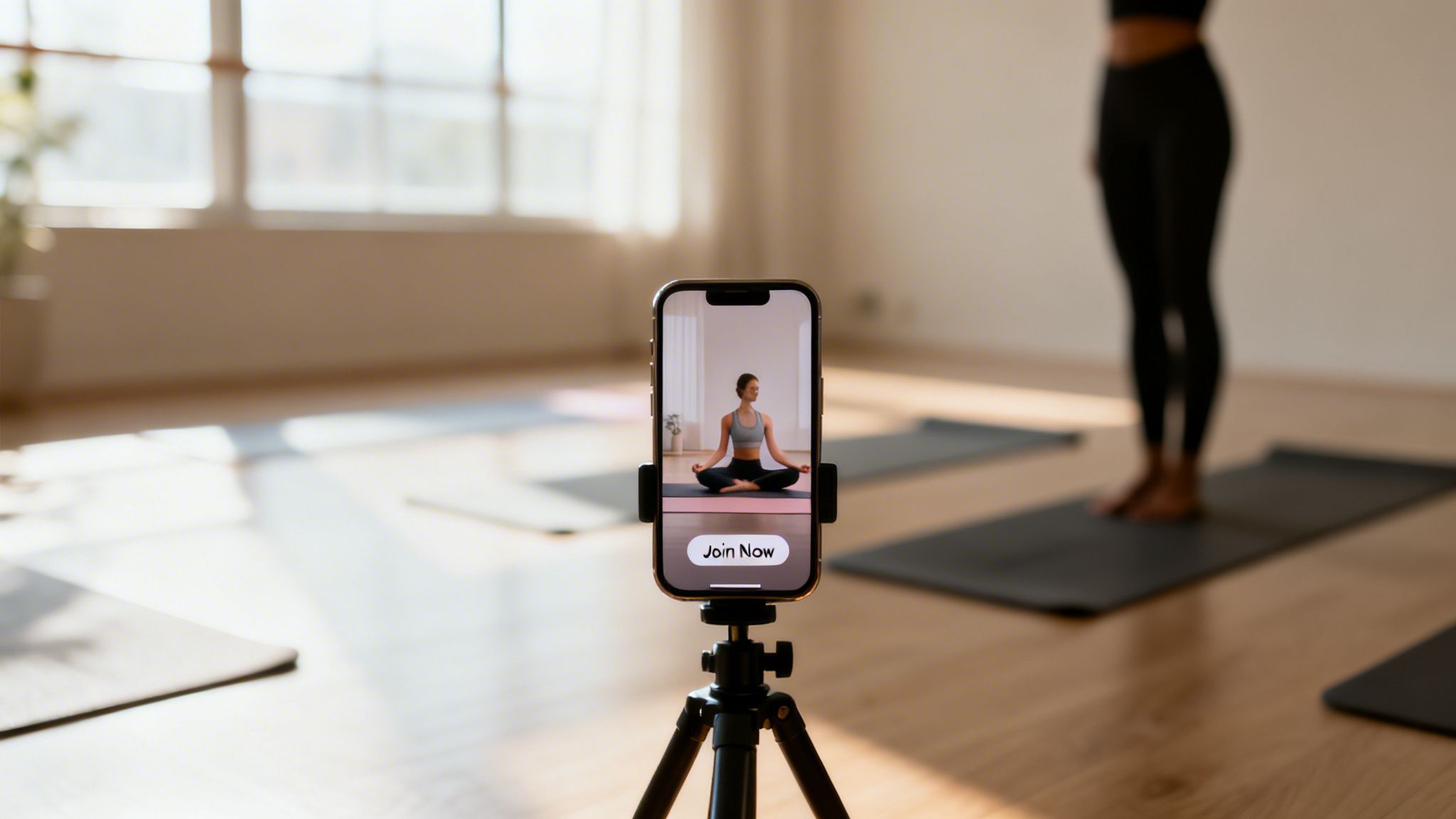 A phone on a tripod displays an online yoga class in a studio with multiple mats.