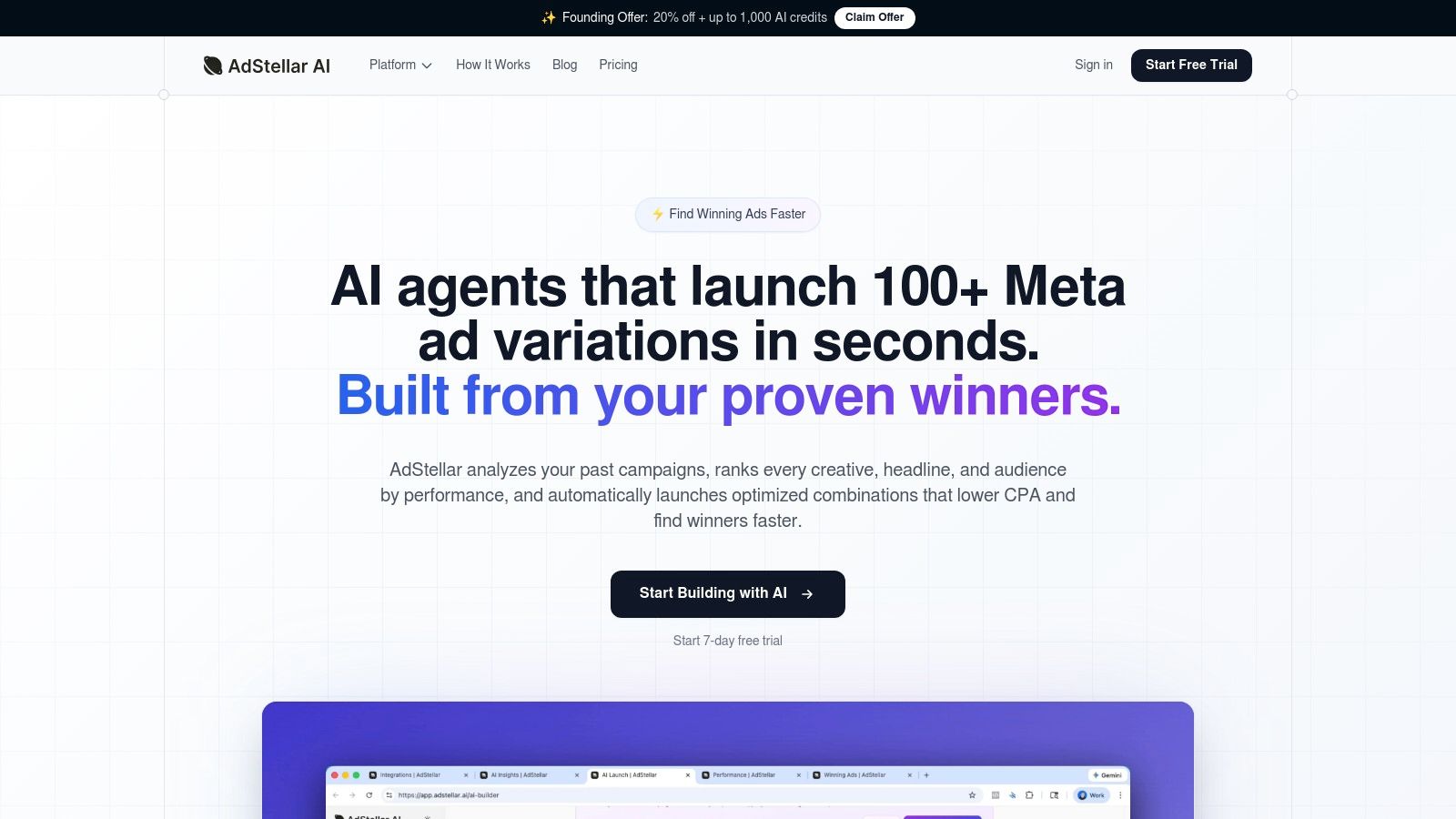 AdStellar AI platform interface showing campaign performance metrics