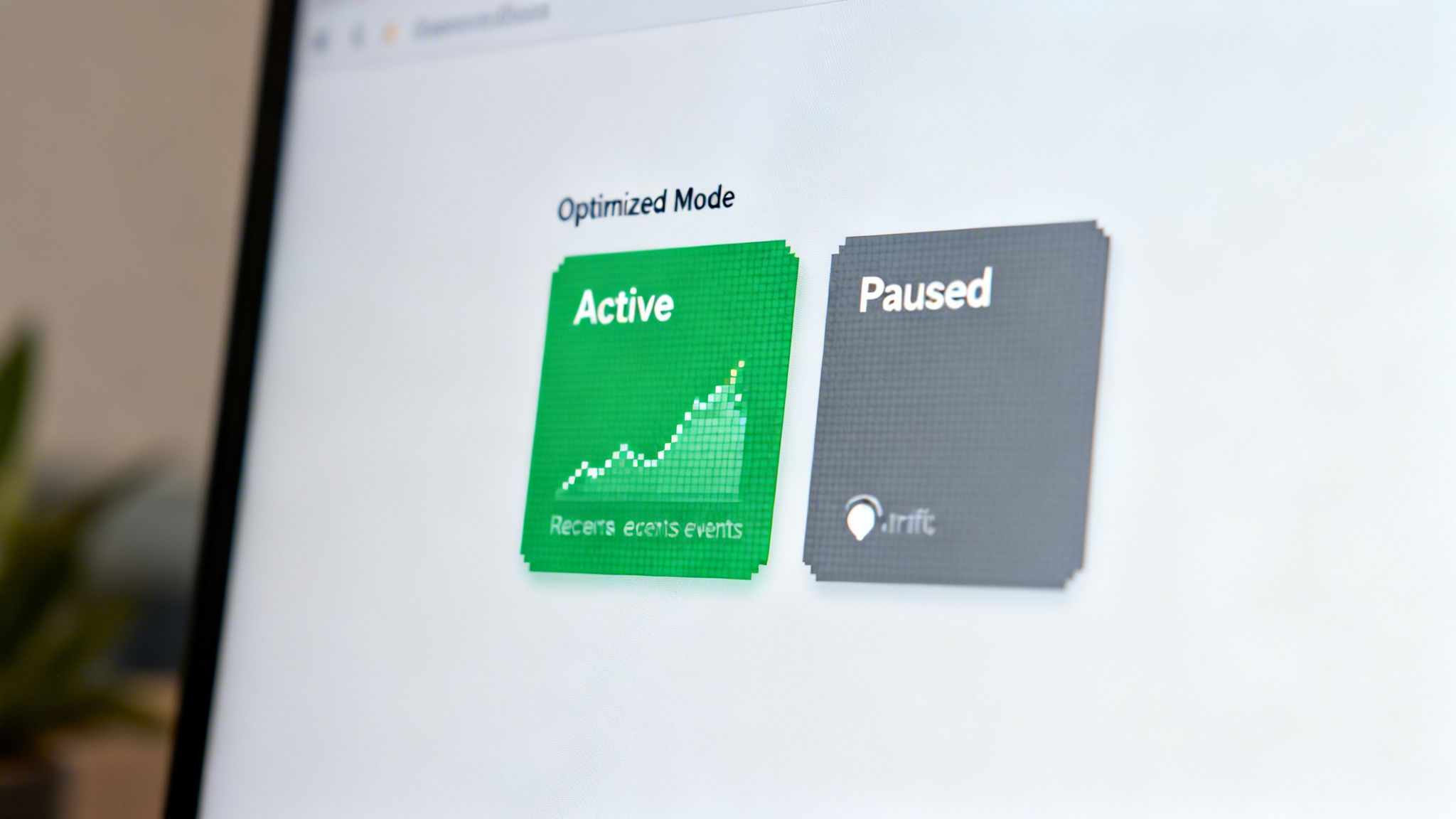 A computer screen displays 'Optimized Mode' with 'Active' and 'Paused' selections, showing a graph.