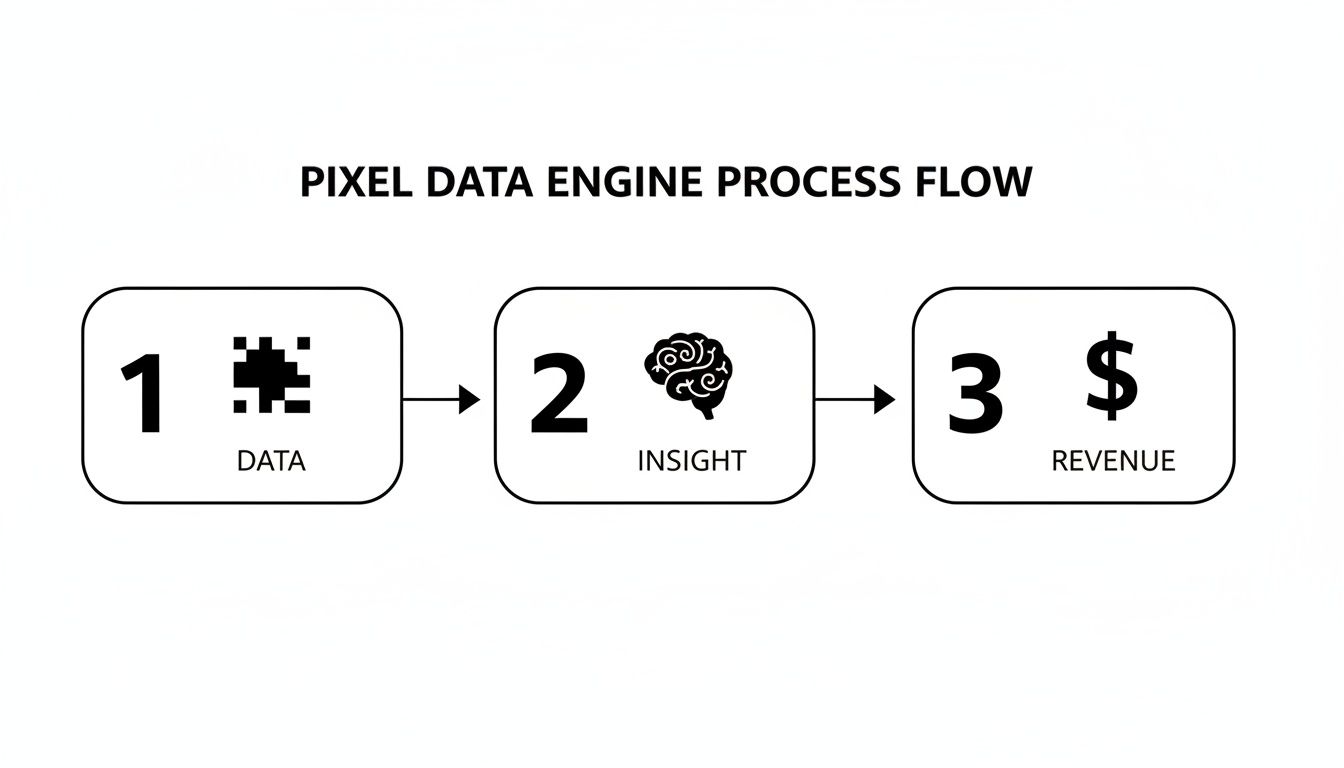Diagram illustrating the pixel data engine process flow: Data leads to Insight, generating Revenue.