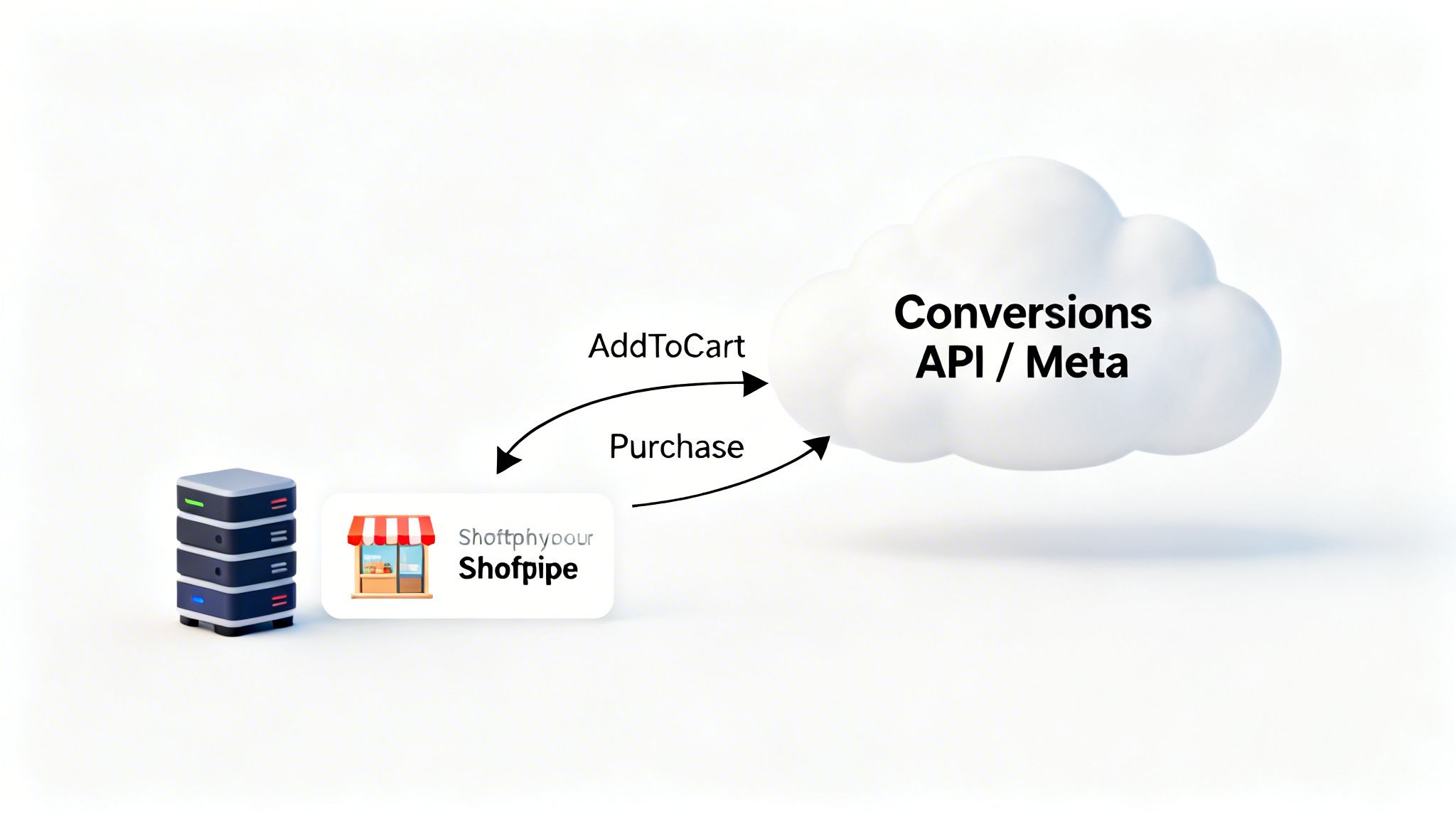 Diagram showing data flow from an e-commerce platform like Shopify to Meta Conversions API.