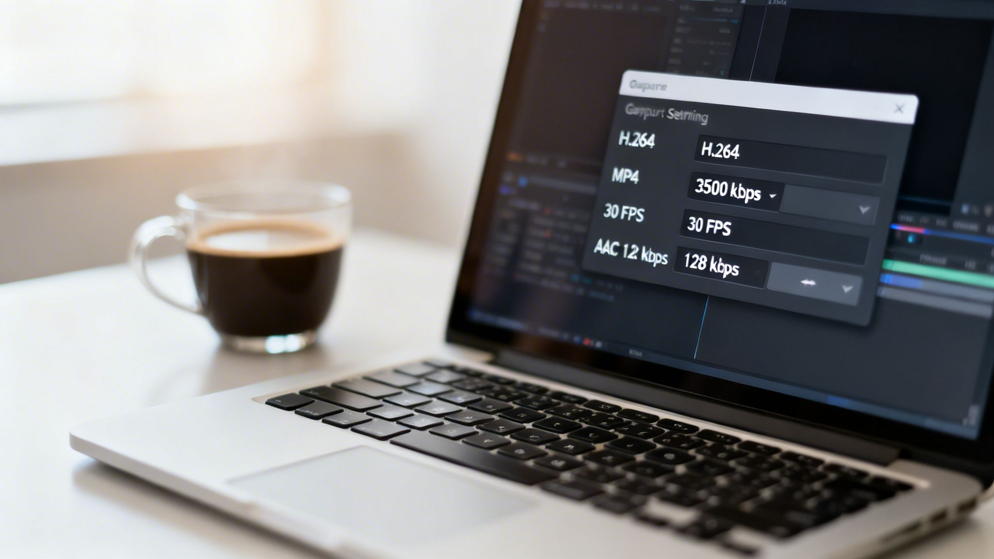 A laptop displaying video encoding settings next to a steaming cup of coffee on a white desk.