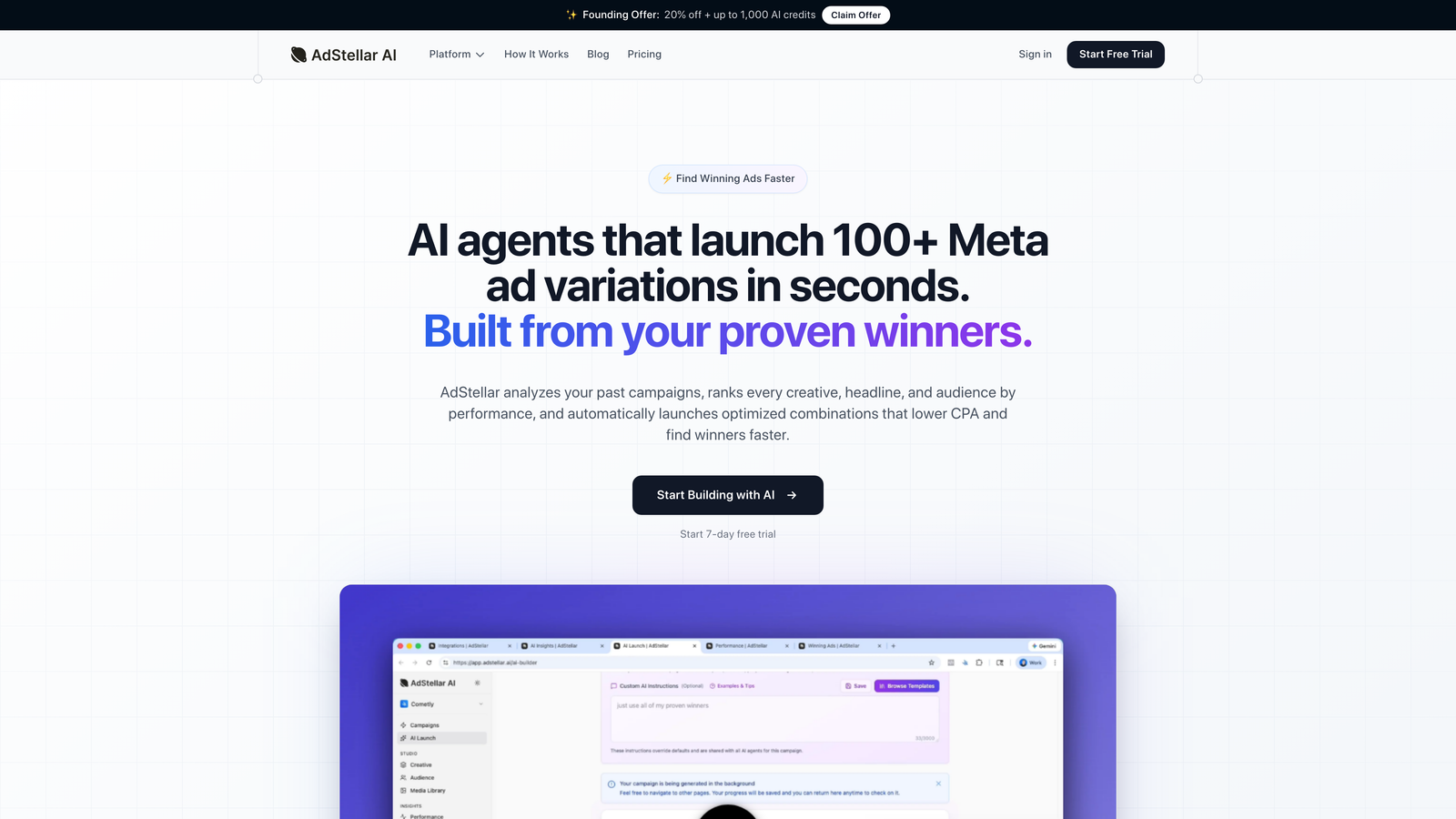 Screenshot of AdStellar AI website homepage