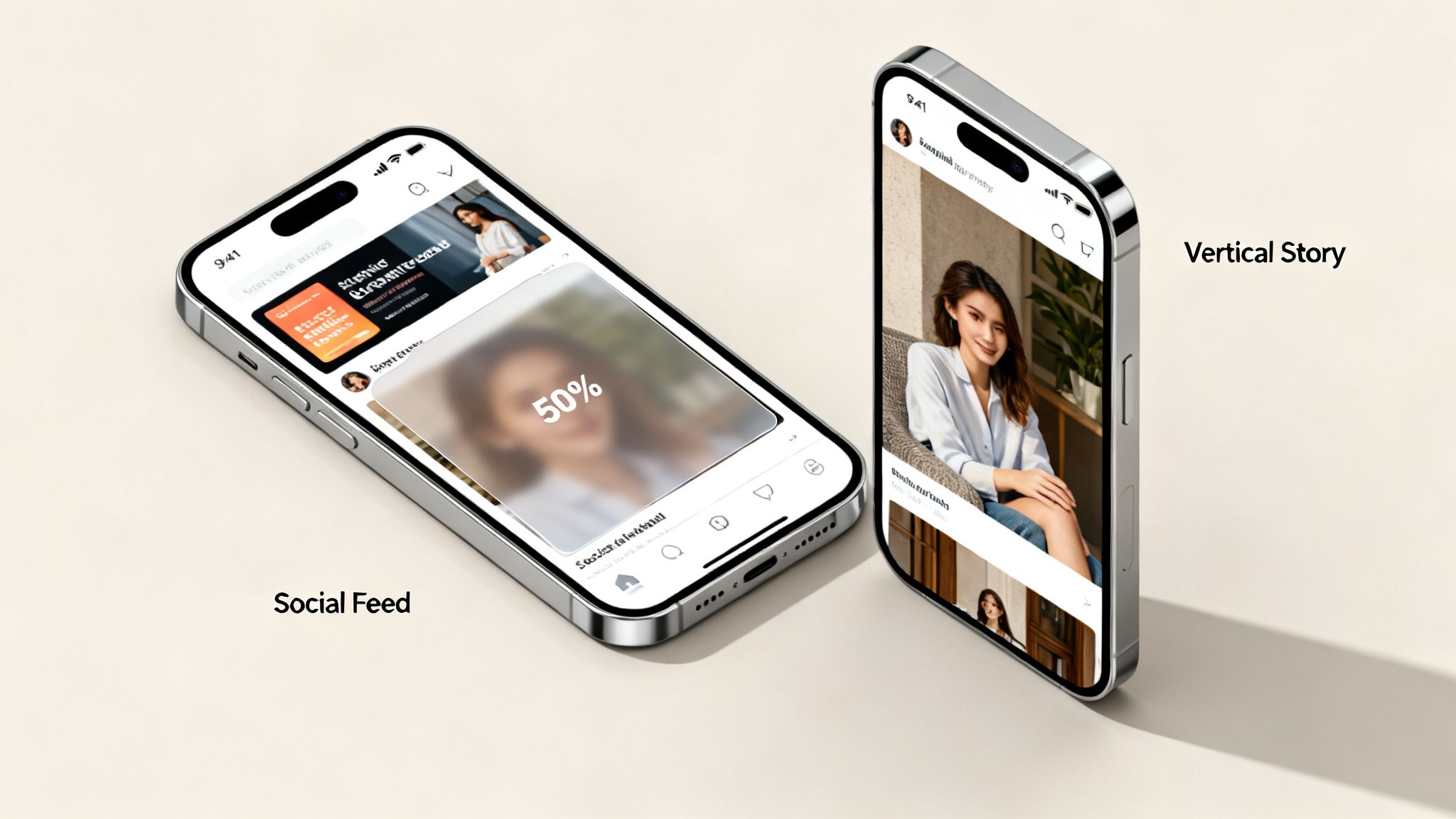 Two modern smartphones displaying social media content: a horizontal social feed and an upright vertical story.