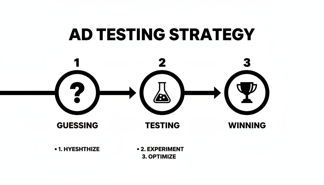 A simple flowchart outlining an ad testing strategy: hypothesize, experiment, optimize to win.