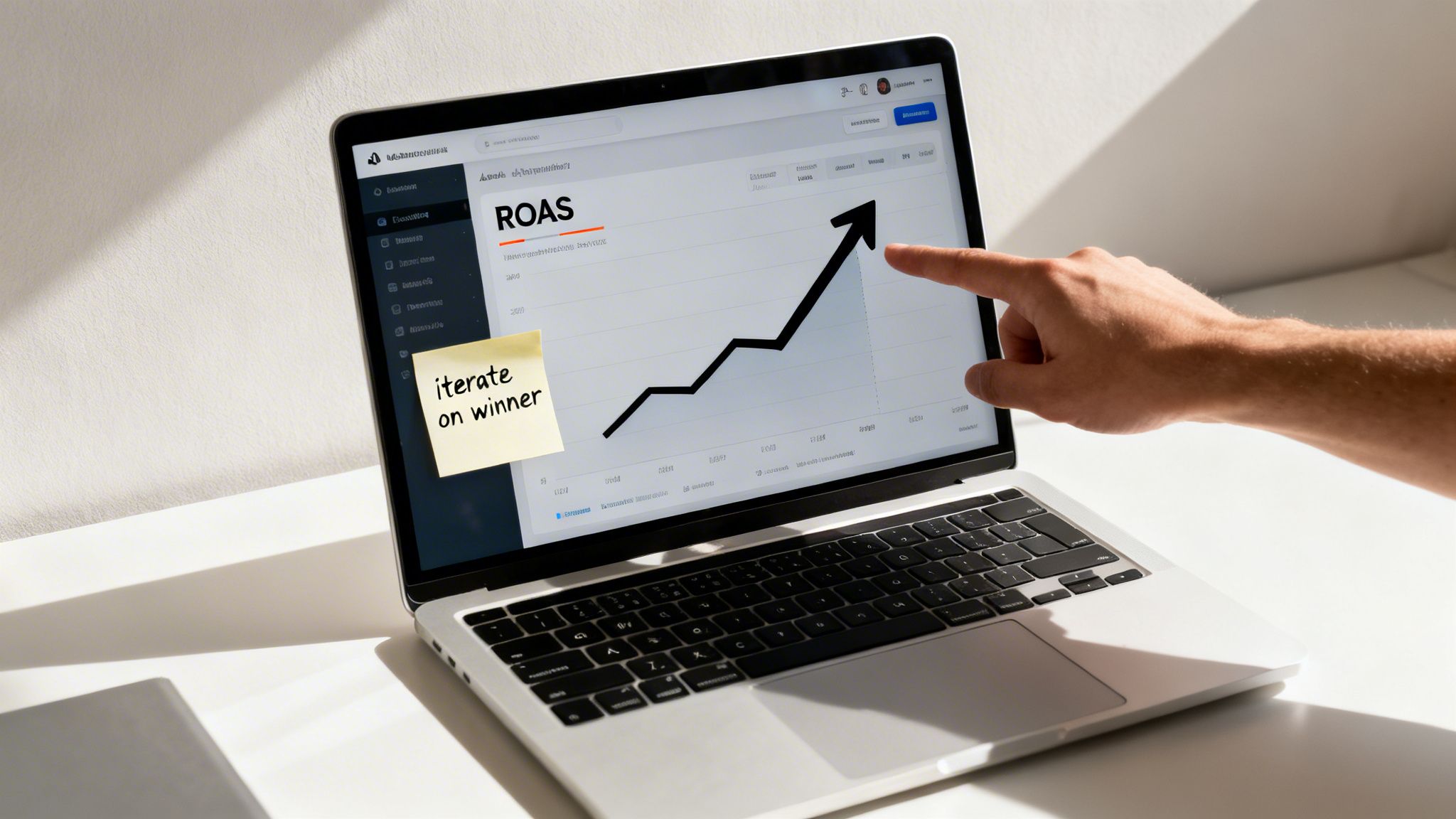 A hand points at a laptop screen displaying an increasing ROAS graph, with a sticky note saying 'iterate on winner'.