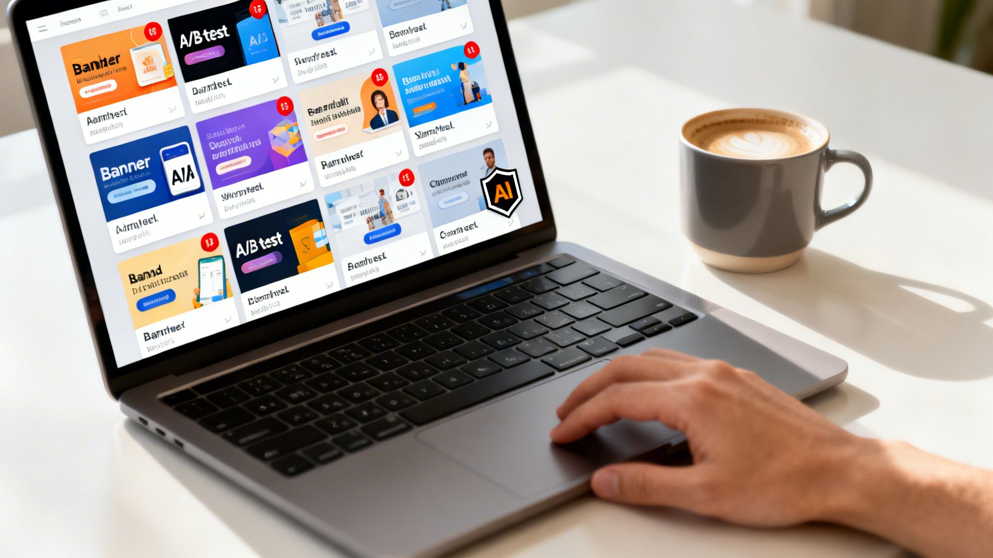 A person's hand uses a laptop displaying various web banner ad designs and an AI logo, with a coffee cup nearby.