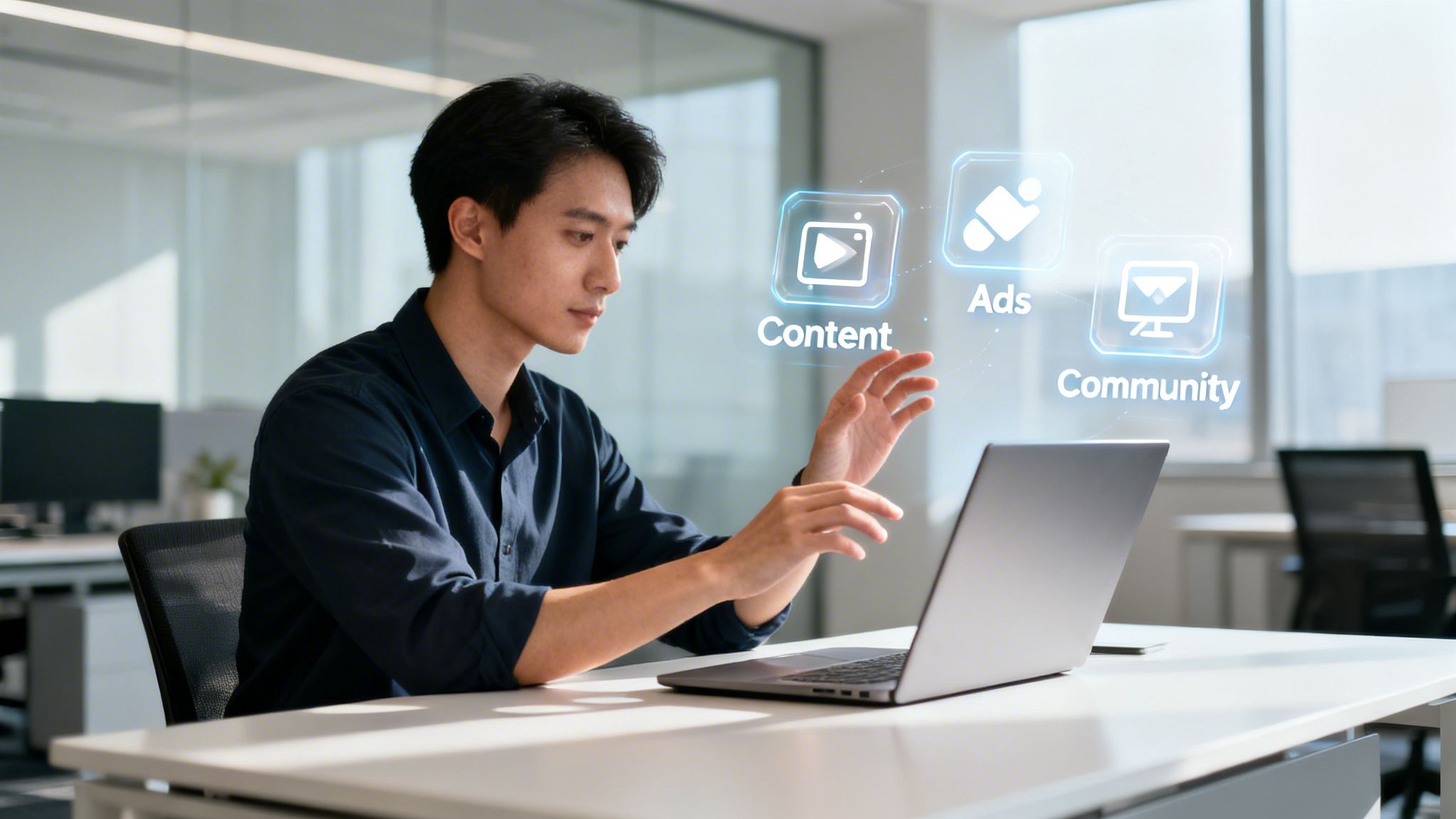 Young Asian man in an office interacting with a laptop and glowing holographic social media icons.