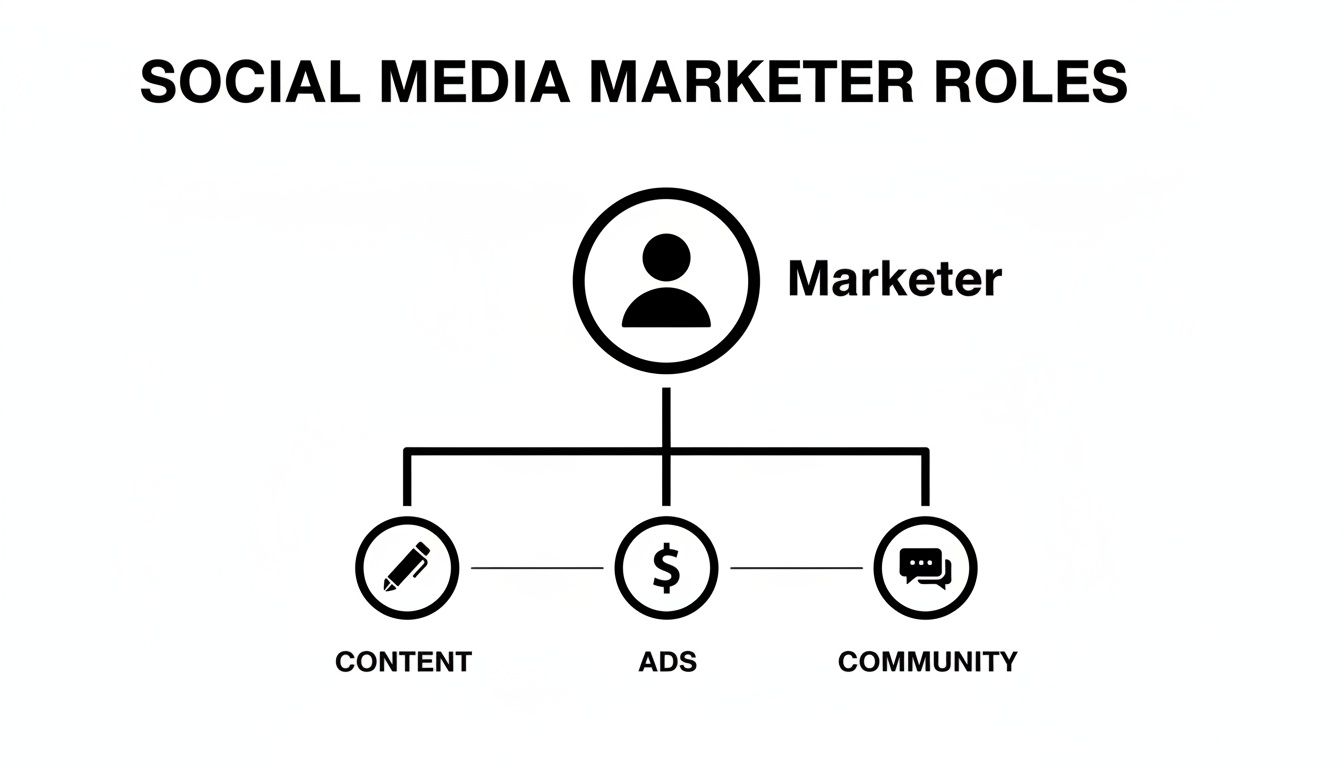 Diagram illustrating social media marketer roles, including content creation, managing ads, and community engagement.