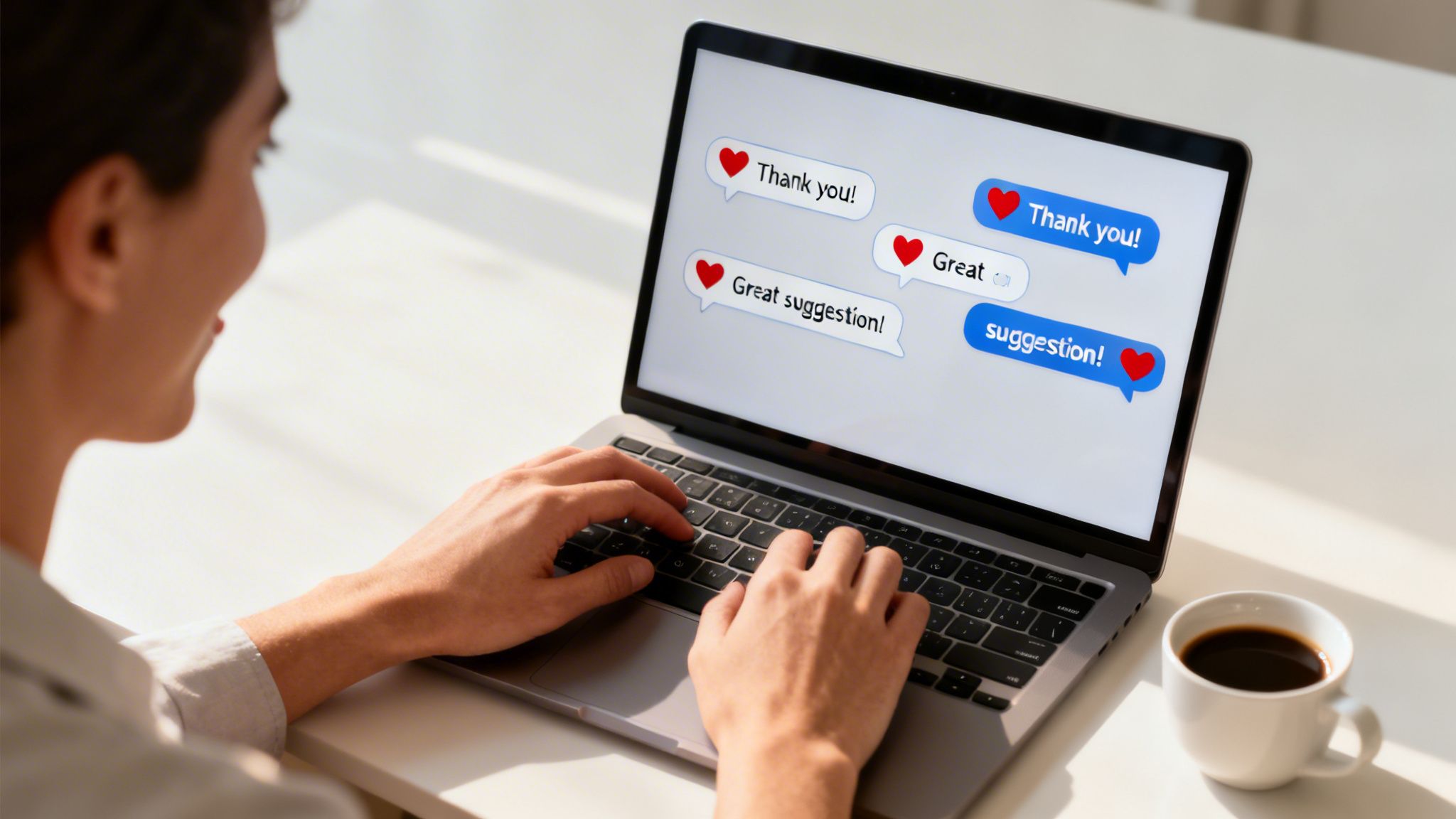 A person typing on a laptop displaying chat messages with heart icons and a coffee.