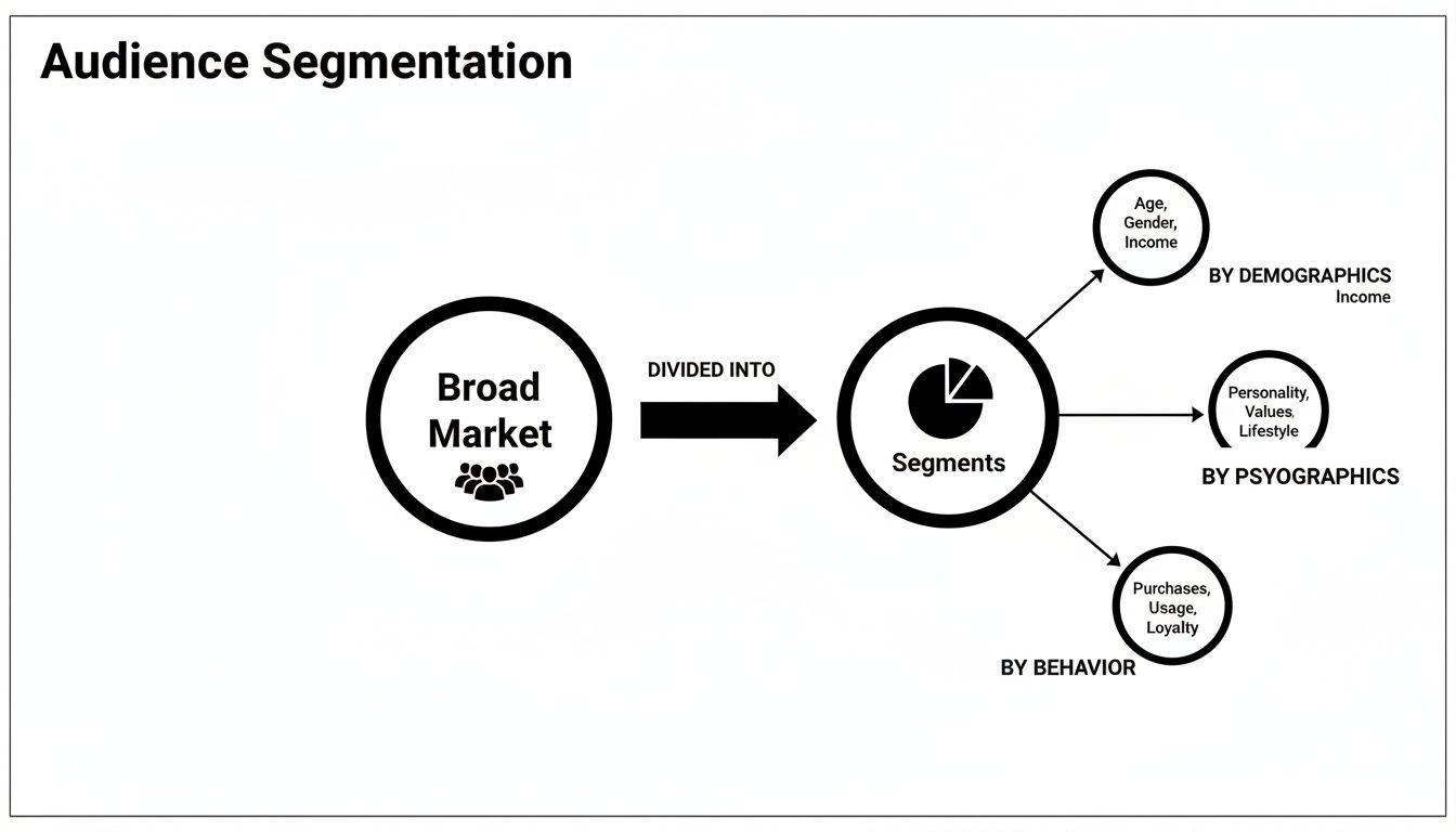 Diagram illustrating audience segmentation from a broad market into segments by demographics, psychographics, and behavior.