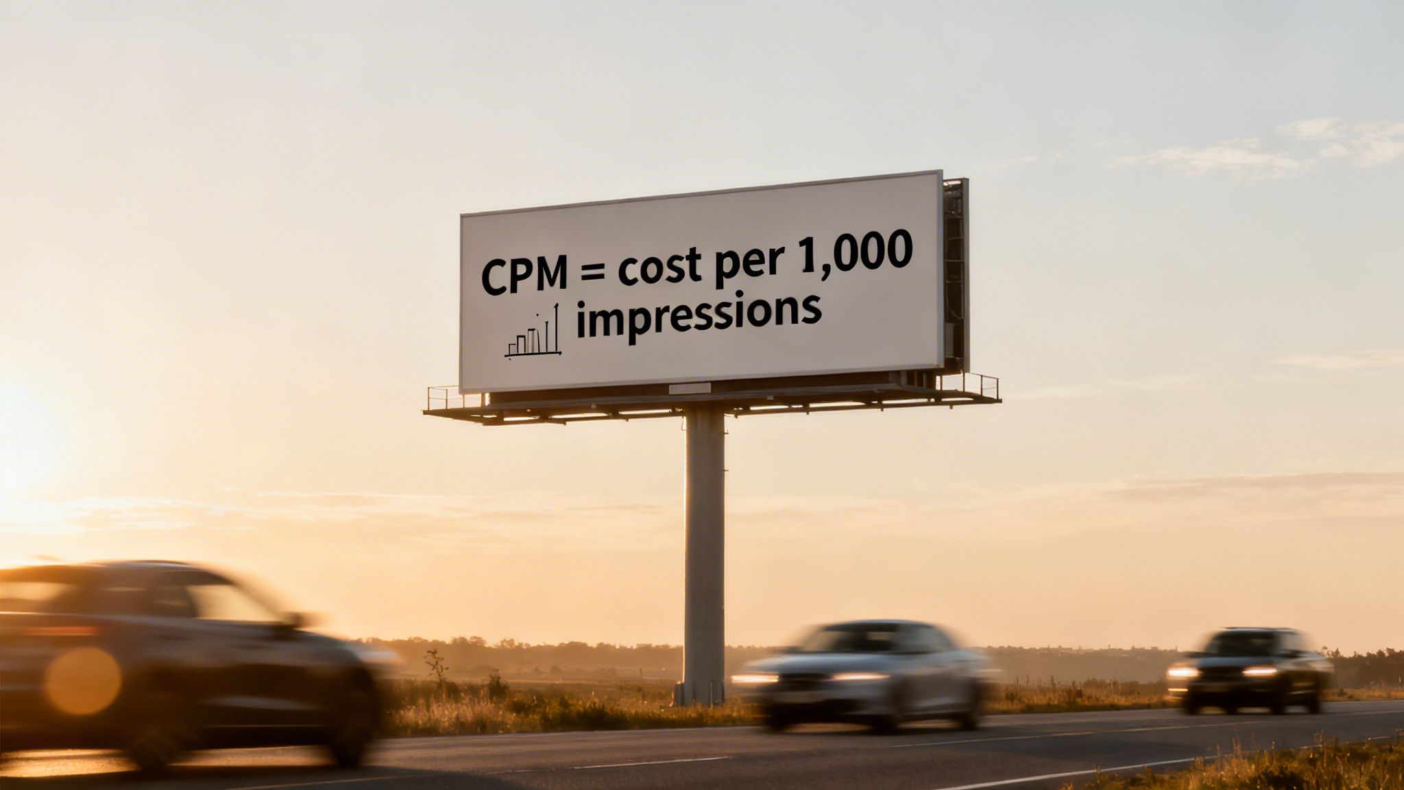 A billboard on a highway at sunset defines CPM as 'cost per 1,000 impressions,' with blurred cars driving past.