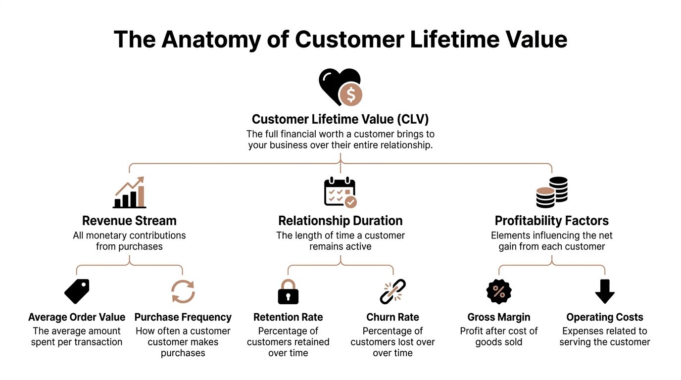 A diagram illustrating the components of customer lifetime value including revenue, relationship duration, and profitability factors.