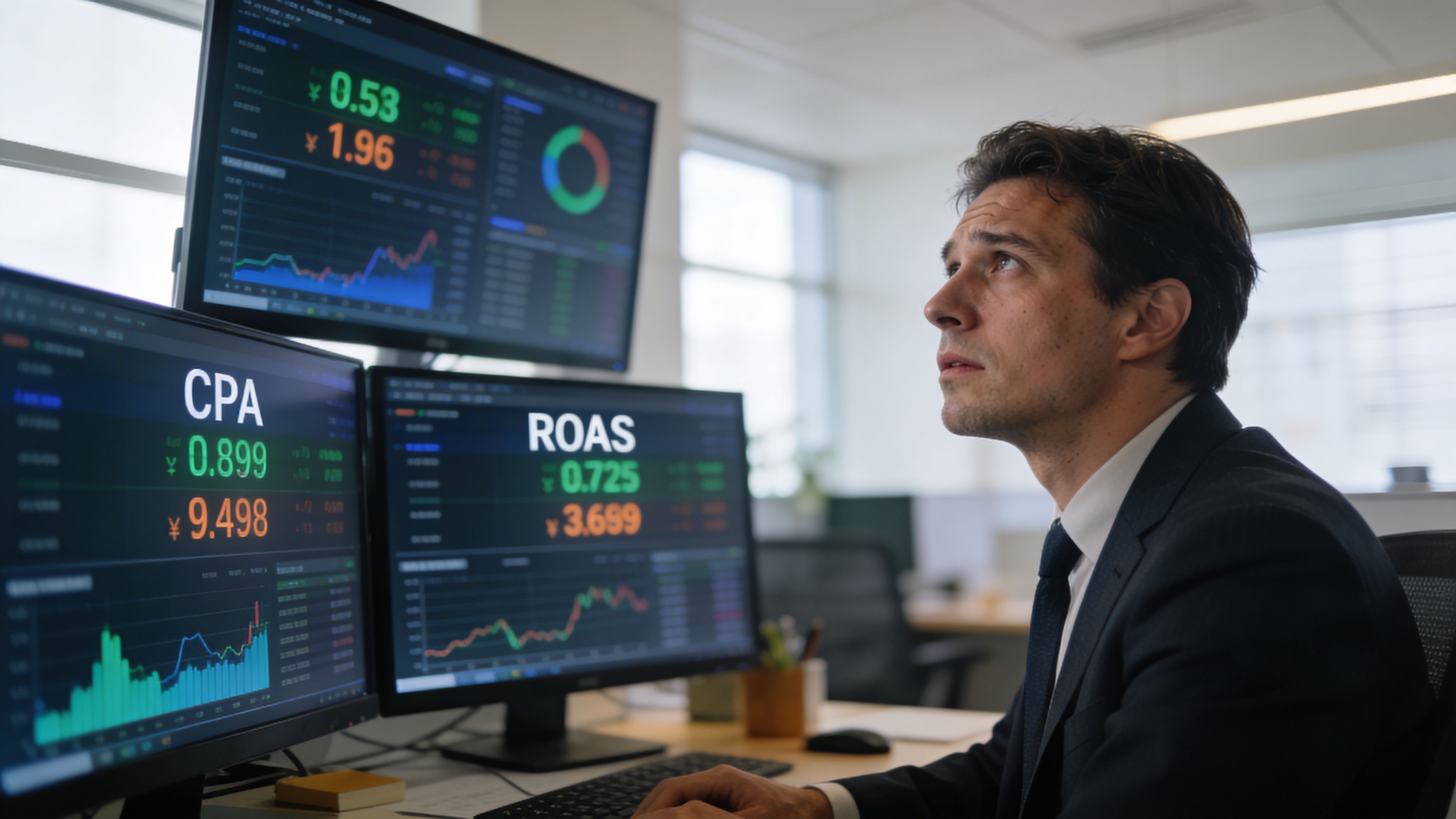 A professional man in a suit looks at computer monitors displaying financial data, including CPA and ROAS metrics.