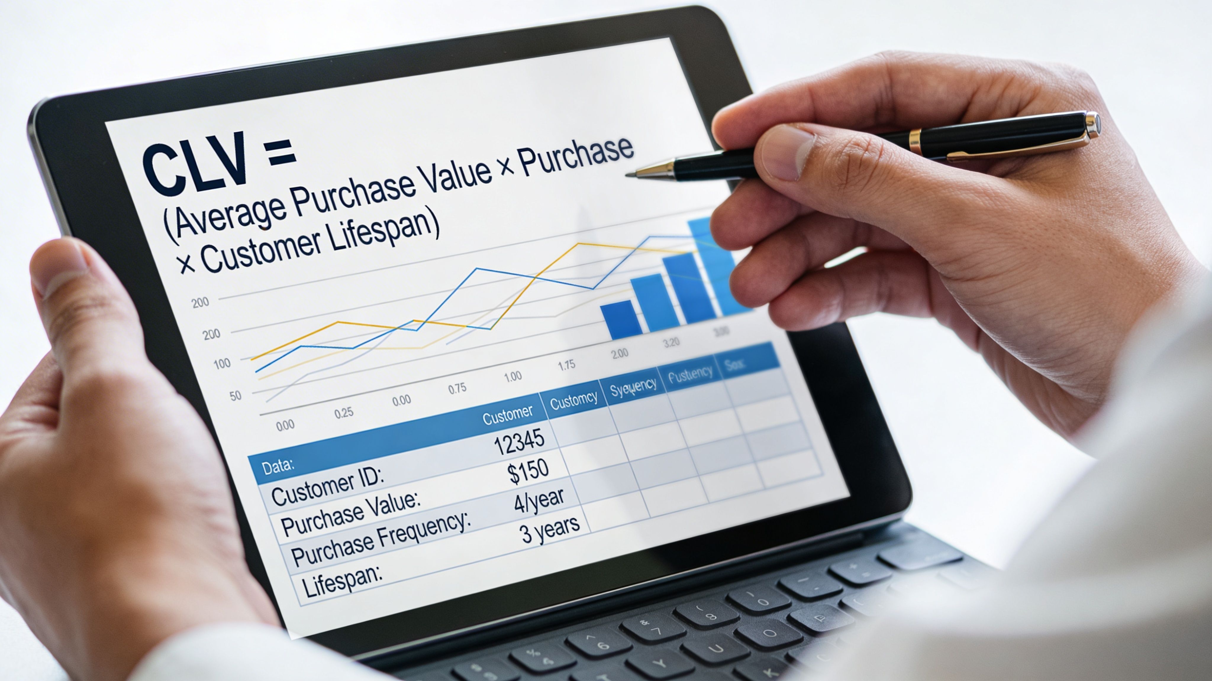 A professional analyzing customer lifetime value data on a tablet screen with charts and metric details.