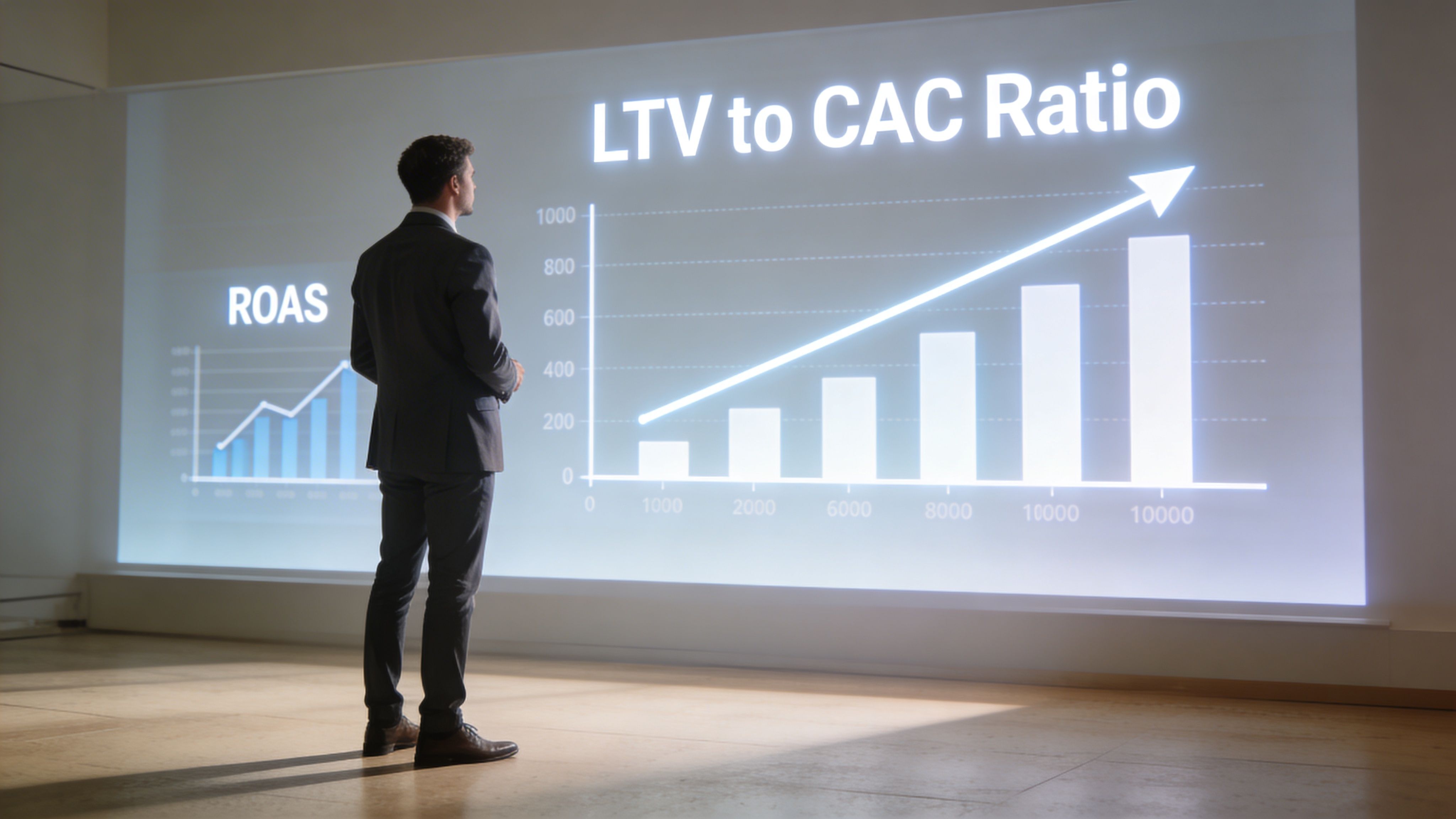 A businessman standing in front of a large screen displaying business growth charts regarding LTV to CAC ratios.