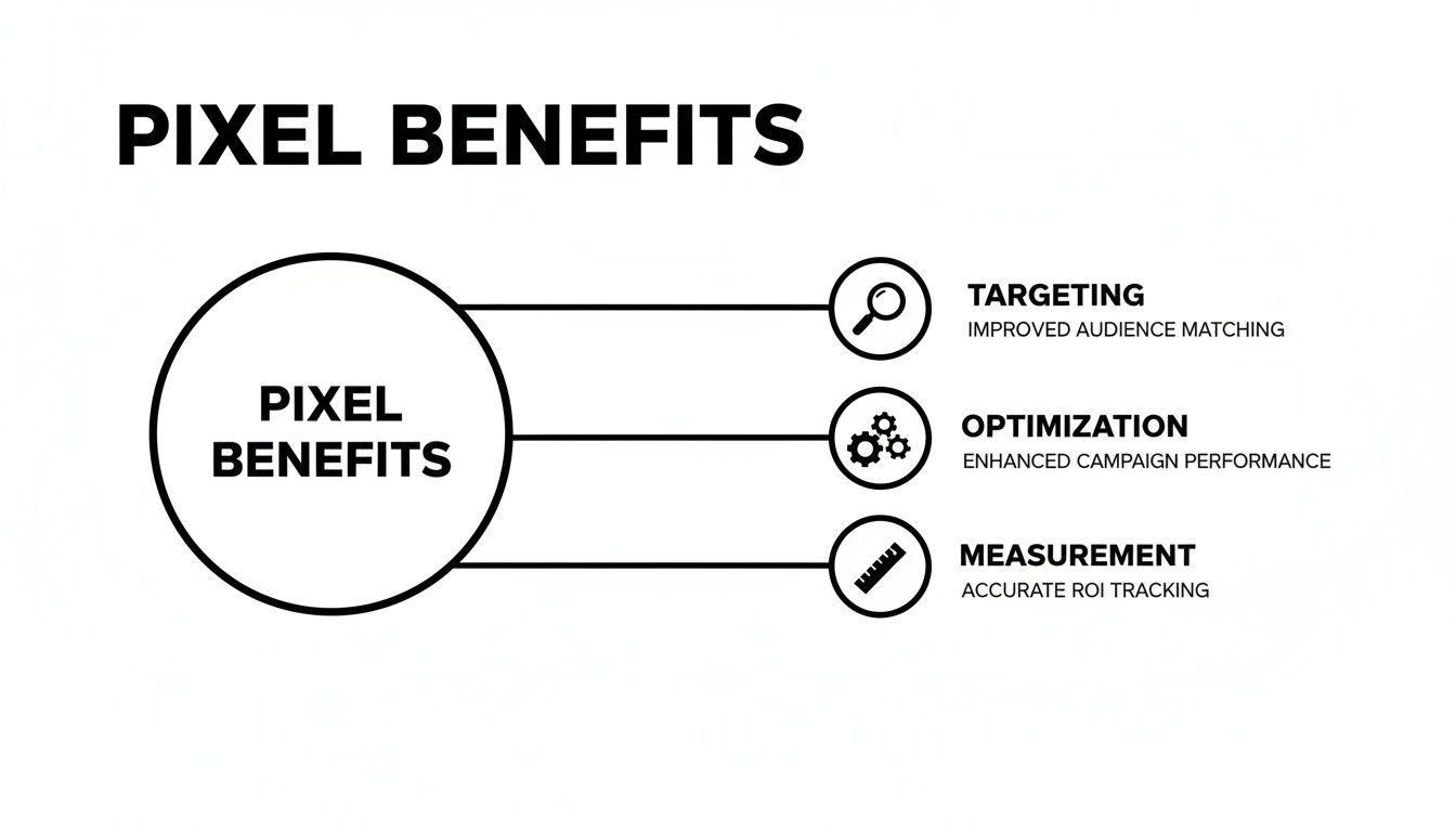Infographic showing Pixel Benefits: Targeting, Optimization, and Measurement, with brief explanations.